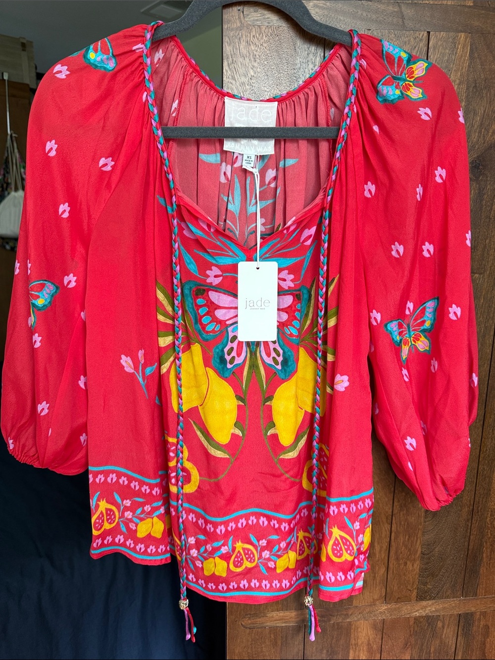 Johnny Was Jade Monaco Peasant top Blouse - Ekaterina Red Butterfly Lemon Print